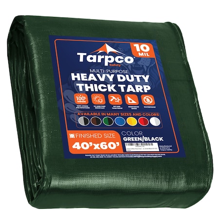 Tarpco Safety Heavy Duty Tarp, 60 ft L x 0.5 mm H x 40 ft W, 10 Mil, Green/Black, Polyethylene TS-153-40X60